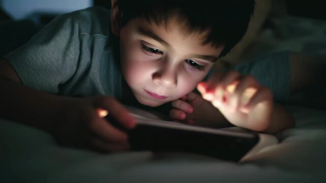 Boy using smartphone at night bed screen glow face illuminated child technology addiction mobile device blue light effect digital gadget childhood lifestyle concept late evening internet browsing gami