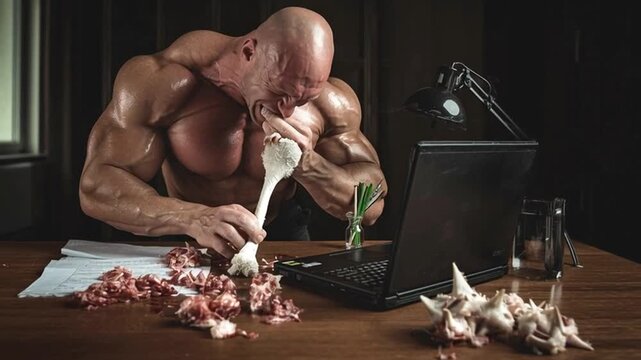 Bald male bodybuilder eating raw meat at desk muscular strong man tearing chicken bone fitness nutrition bodybuilding protein diet extreme power strength concept laptop lifestyle intense masculine ene