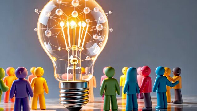 Creative Light Bulb Idea Concept with Glowing Filament Surrounded by Multicolored Figurines on Gray Background