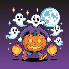 Obraz premium Spooky halloween fun with ghosts and a jack-o'-lantern holding lanterns under the moonlight