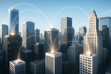 Futuristic city skyline with glowing data connections symbolizing modern communication and digital technology concept on a bright morning background.