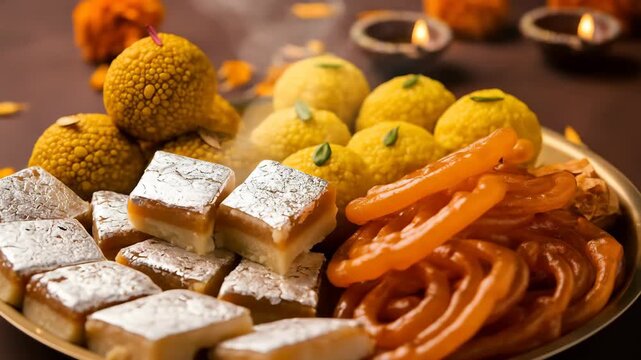 Festive Indian Sweets for Dussehra Celebration Laddu  Jalebi  and Kaju Katli arranged on a plate