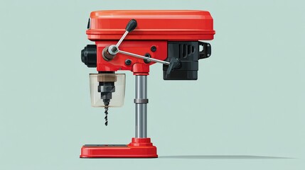 Red benchtop drill press with a clear guard on a light turquoise background
