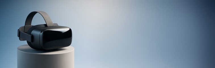 Virtual reality headset placed on round pedestal with blue gradient background and empty copy space for design or product presentation concept. Ai generative