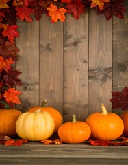 Autumn pumpkins and leaves on wood