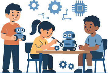 Robotics lab with kids building small bots Illustration