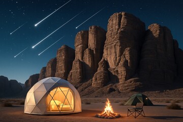 Glamping dome and tent under meteor shower in desert canyon under starry night sky with glowing fire pit in front of towering rock formations. Ai generative