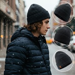 冬の街、温もりニット帽