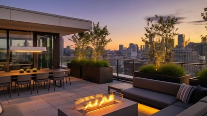 Modern rooftop terrace lounge with city skyline sunset views and cozy fire pit ambiance - Powered by Adobe