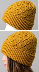深みのあるマスタードイエローニット帽 温もりと質感