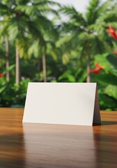 南国風景と白いカード 木目調テーブル