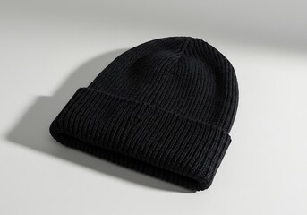 深みのある黒ニット帽、柔らかな影と質感