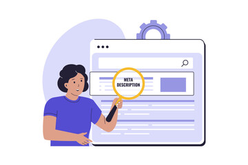 Meta Description Optimization for SEO. A Professional Analyzing Website Content and Improving Search Engine Results with an Optimized Meta Description. Vector Flat Illustration