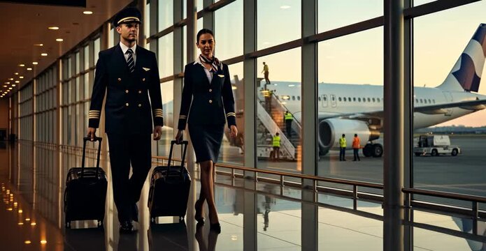 Pilot and Flight Attendant Walking Through Airport Terminal Ready to Fly