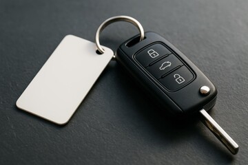 Car key with blank white key tag on dark textured background for branding or mockup presentation concept, clean and minimal layout sample view. Ai generative