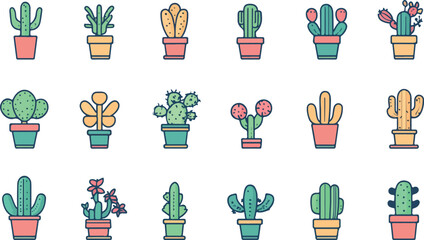 Collection of diverse potted cacti and succulents in various shapes and colors presented in a grid layout