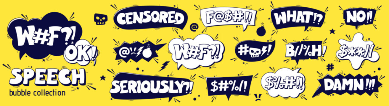 Black and white swear speech bubbles on a yellow background with dark details around.