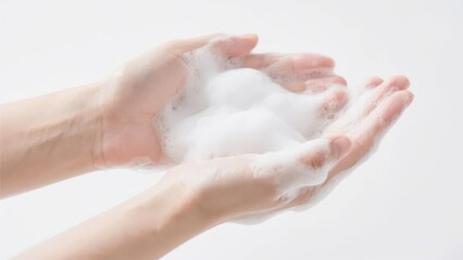 Hands cupped together holding soapy foam against a white background