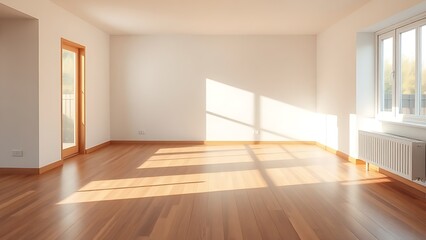 Obraz premium Minimalist living room with wooden floors, embodying clean and spacious design.