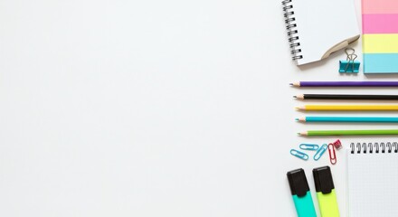Obraz premium Top view flat lay of colorful school and office supplies on a white background, ideal for creative projects, study, and work concepts with ample copy space