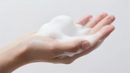 Naklejka premium Hand holding a dollop of white foam against a neutral background