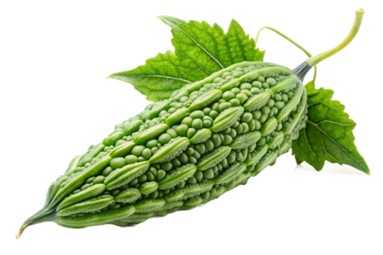 Isolated bitter gourd with green leaves healthy vegetable food ingredient transparent background