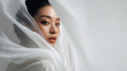 ベールのような白い布をまとってこちらを振り向く女性