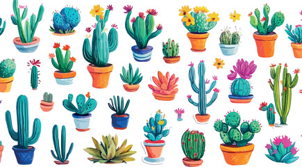 Vibrant collection of various succulents and cacti in colorful pots displayed together