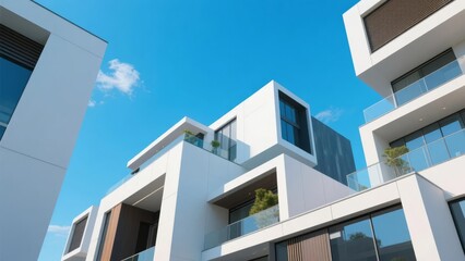 Modern White Apartment Buildings with Large Windows and Balconies Against a Clear Blue Sky