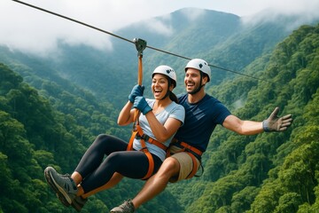Happy couple ziplining through tropical rainforest with lush green mountain background, enjoying adventure travel and outdoor thrill together. Ai generative