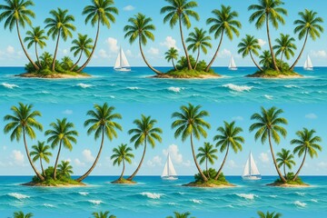 Fototapeta premium Seamless tropical island pattern featuring palm trees, turquoise ocean waves, and sailboats under a bright blue sky in summer beach background style. Ai generative
