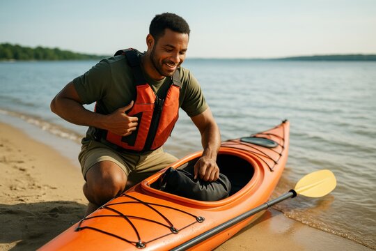 Man preparing kayak on sandy beach during sunny day wearing life vest, kneeling beside orange kayak by calm lake shore, smiling peacefully. Ai generative