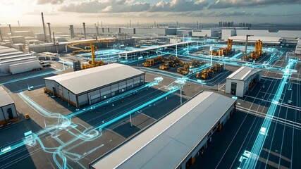 Modern industrial smart factory exterior with warehouses connected by glowing digital grid lines and automation - Powered by Adobe