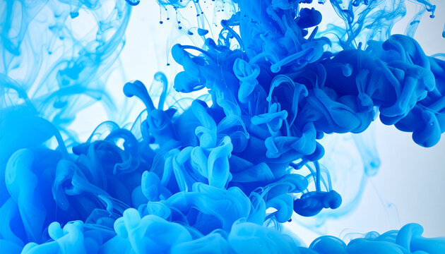 Vivid blue liquid flowing and creating abstract waves in transparent water. Fluid motion.