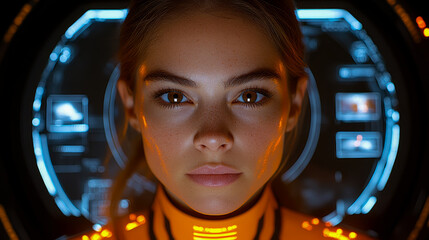 Intense gaze of young female astronaut in high-tech glowing orange uniform against dark, futuristic blue-lit command center