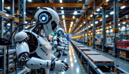 sixth generation network concept. Robots working in a modern industrial setting.