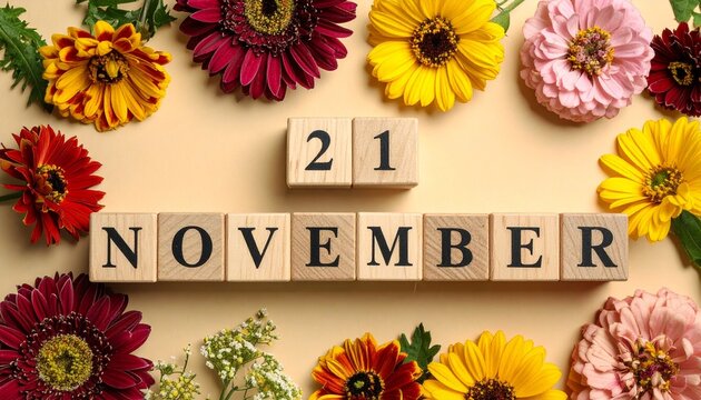 Wooden Blocks with Date 21 November. Floral Calendar – Vibrant Flowers on Solid Colored Background