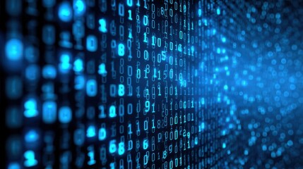 Visual representation of binary code flowing in a digital environment during nighttime