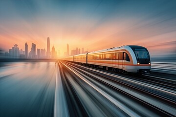 Fototapeta premium Blurred motion of a train on a highway with a city background at blue hour, high-speed movement in a modern urban landscape.