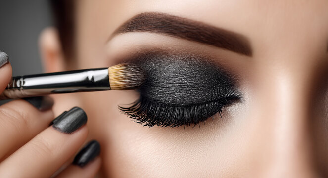 A close-up of the hands applying eye shadow with a brush on a beautiful woman's eyelid, showcasing the beauty and makeup concept.