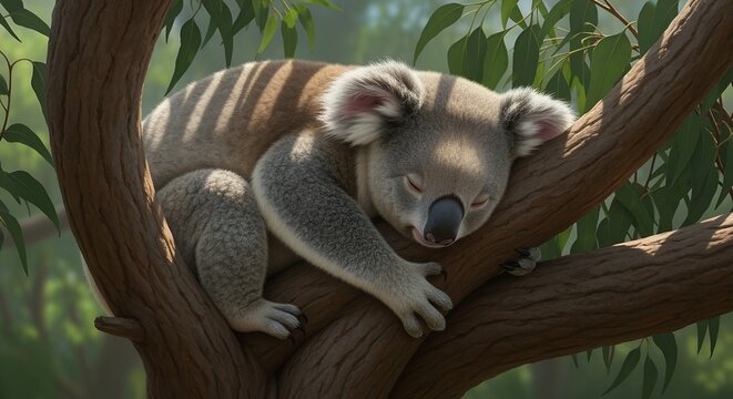 Sleeping koala on a tree branch