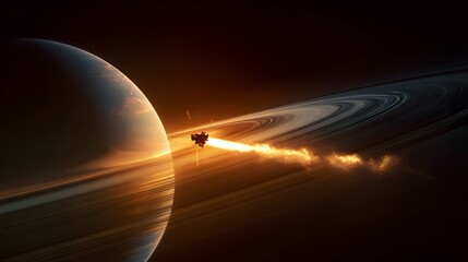 Raumsonde vor Saturn und seinen Ringen im glühenden Licht 