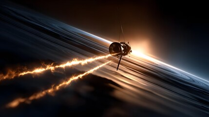Futuristische Raumsonde im Orbit mit glühenden Antrieben 