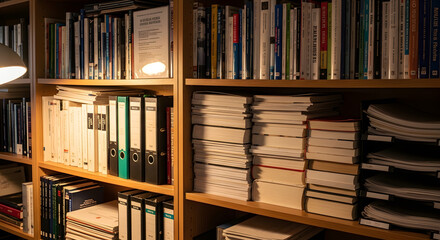 photo of stacks of reference books and office documents on wooden shelves, warm lighting, clear details.