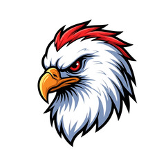 Fototapeta premium Illustration of fierce eagle head with red crest and intense red eyes, isolated on transparent background