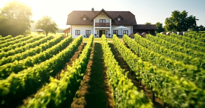 Lush vineyard rows extend towards a rustic farmhouse under a bright sunny sky.