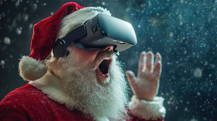 Surprised modern Santa Claus using virtual reality headset, representing a humorous fusion of advanced technology, traditional Christmas character in a futuristic holiday concept. Copy space. Banner