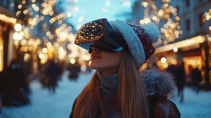 Winter-clad woman experiencing festive magic, wearing virtual reality headset amid glowing Christmas lights in snowy landscape, blending technology with seasonal wonder