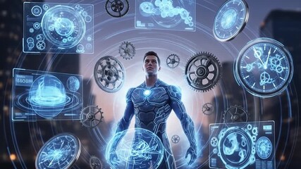 Futuristic Man in a high-tech suit surrounded by futuristic interfaces in a Cityscape Backdrop - Powered by Adobe