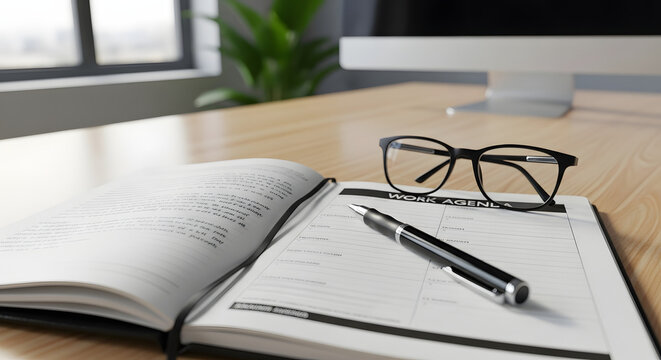 photo of open notebook with handwriting, work agenda, pen and glasses on modern office desk, sharp details, productive atmosphere. - Powered by Adobe